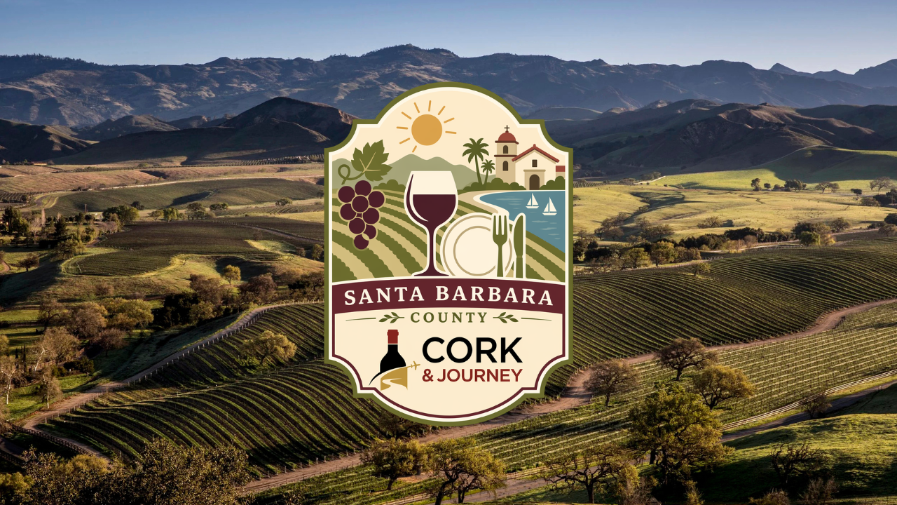 Scenic vineyard landscape of Santa Barbara County with a prominent Cork  Journey logo badge in the center