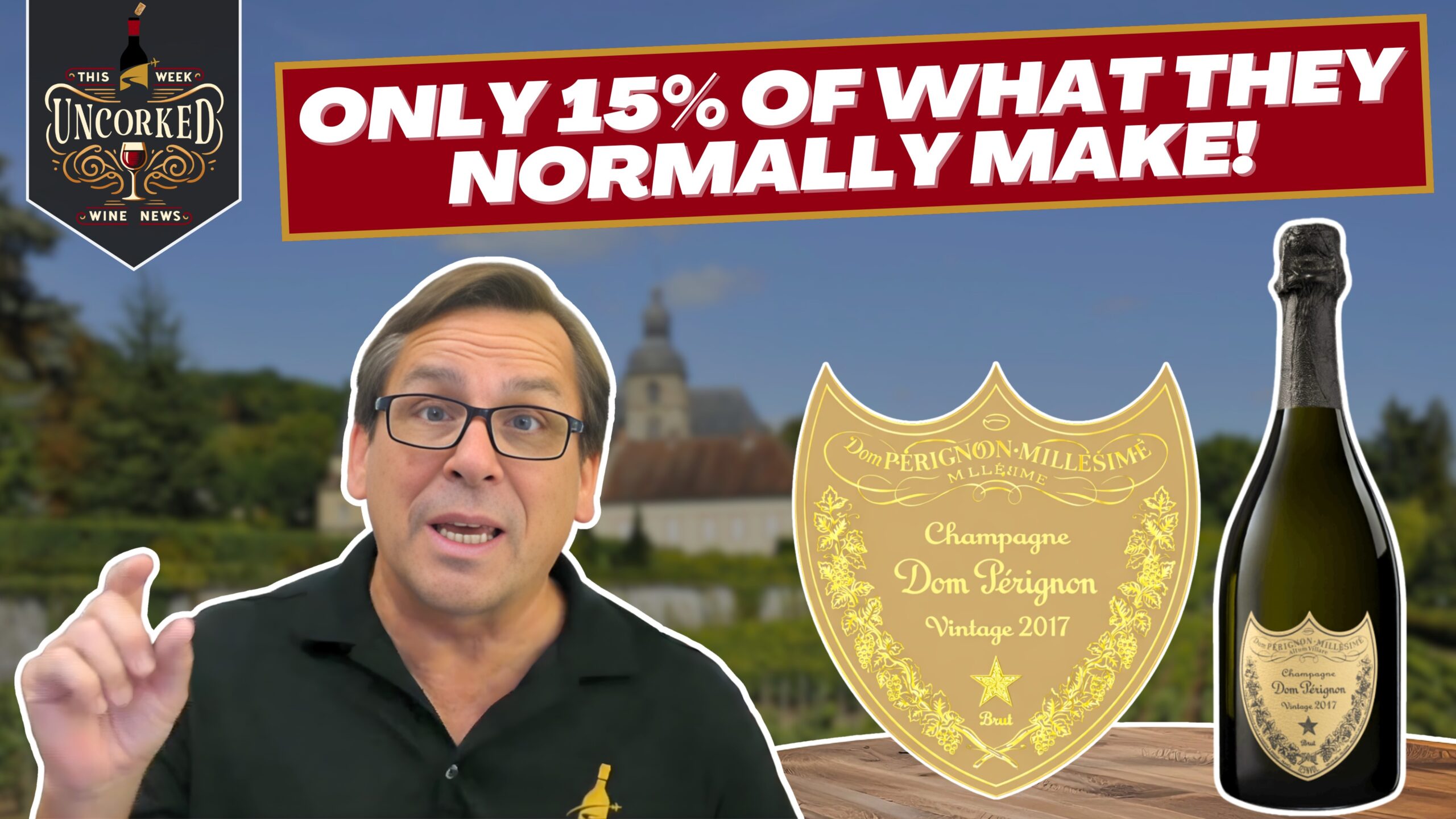 Thumbnail for a wine news video man with glasses gestures beside a bold red banner reading Only 15 of what they normally make with a champagne bottle nearby