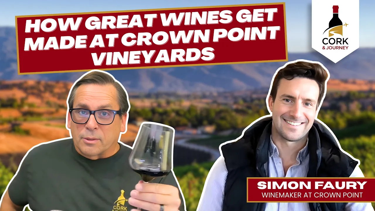 Video thumbnail showing two men in a vineyard setting with a bold banner about Crown Point Vineyards and a caption reading Simon Faury Winemaker at Crown Point