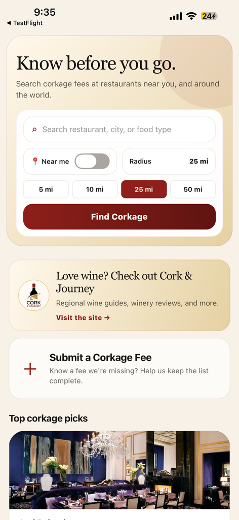 Cork and Journey home screen with search bar, Near Me toggle, and radius options
