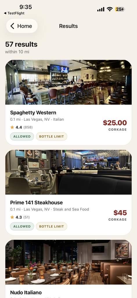 Search results listing Las Vegas restaurants with corkage fees shown for each