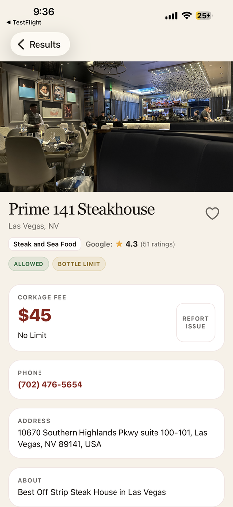 Restaurant detail page showing corkage fee, phone number, and address